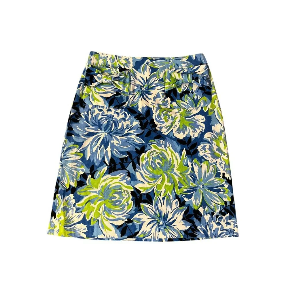 Grace Elements Skirt 2P Petite Blue Green Floral Cotton Blend Bow Pockets Used - Picture 4 of 13